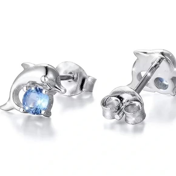 Sterling Silver Dolphin Earrings with Blue Gemstone .925 - Picture 5 of 5